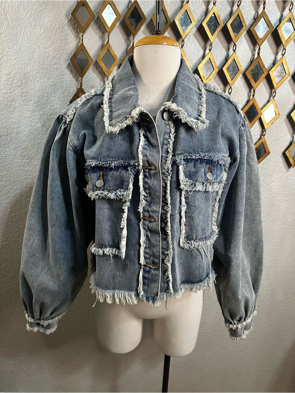 NWT POL Distressed Puff Sleeve Denim Jacket